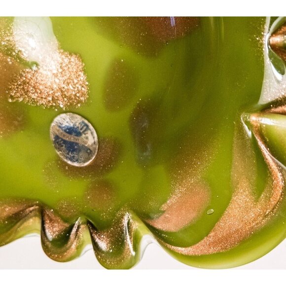 Creation Vimax Decorative Art Glass Bowl Italy, MCM, Green Gold Sparkle Dish - Picture 6 of 15